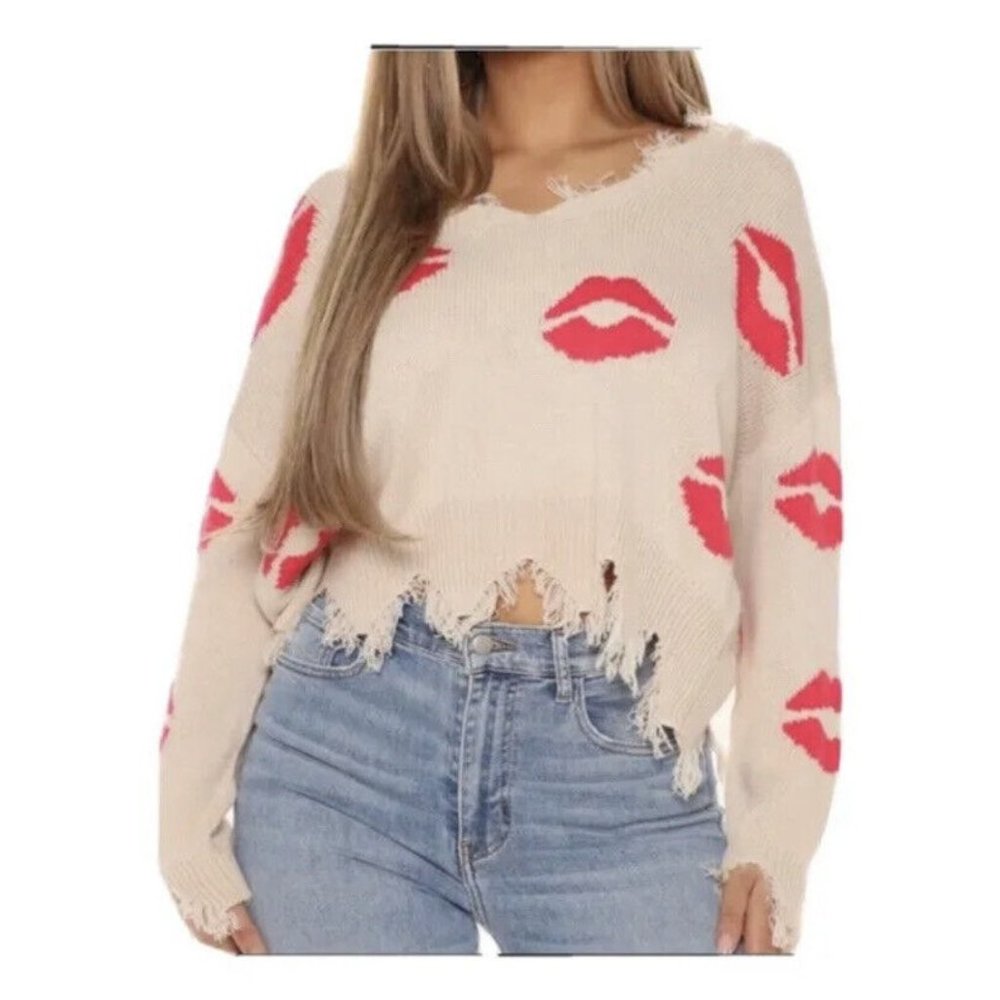 Just Polly Lips Knit Oversized Sweater Distressed Large‎ Cropped